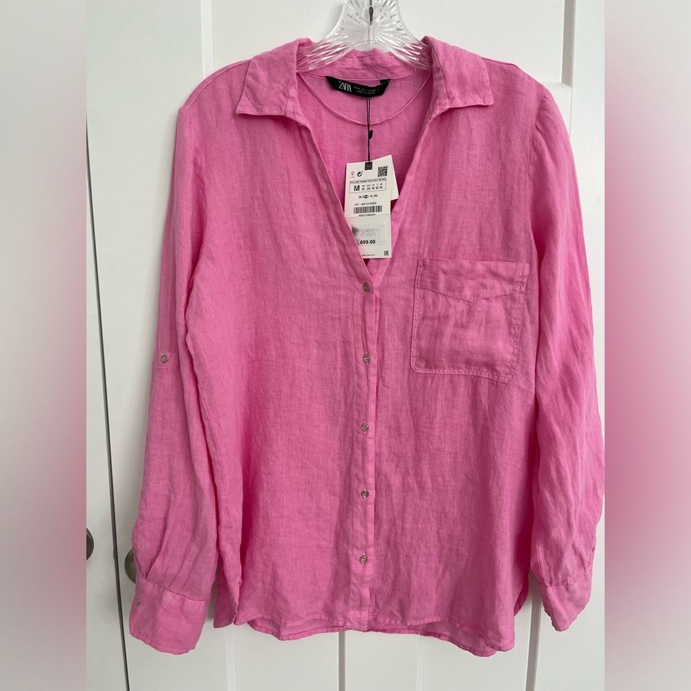 ZARA Pink 100% Linen Button Up Shirt Womens M Long Sleeve Pocket Summer Coastal